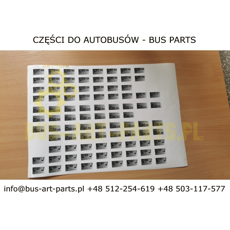 TABLICZKA NUMER FOTELA NAKLEJKA - KPL NR. 1-71 MERCEDES SETRA 2010- 34X21 FOLIA SAMO PRZYLEPNA OZNACZENIA CYFROWE